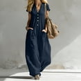 thumbnail image 2 of hoksml Women's V-Neck Short Sleeve Jumpsuit, Casual Button Front Wide Leg Overalls with Pockets, 2 of 7