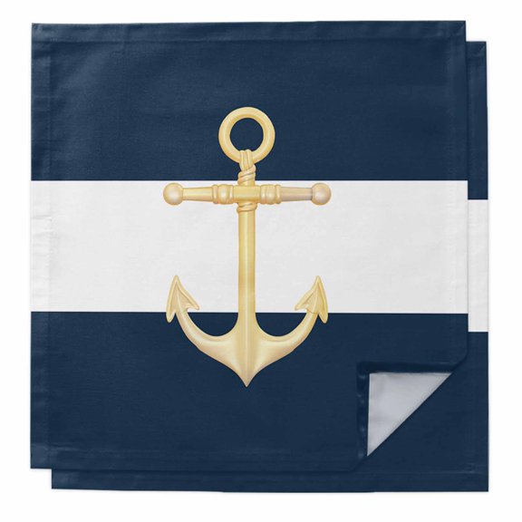Cloth Napkins Set of 2 - 20x20 Inches, Yellow Anchor Nautical Washable Reusable Table Napkins, Navy Blue White Striped Soft & Absortbent Dining Napkin for Party Wedding Hotel Restaurant