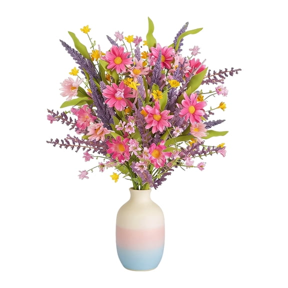6 Pcs Artificial Wildflowers Stems, Silk Spring Summer Wild Flowers with Pink Daisies Purple Lavender for Table Vase DIY Home Table Vase Party Wedding Decorations