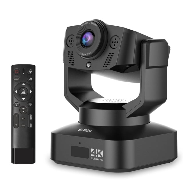 Cámara web NexiGo N990 4K PTZ con zoom, sistema de videoconferencia con zoom digital 5X, sensor Sony Starvis, preajuste de posición, micrófonos estéreo duales y conectores de audio para micrófonos ext