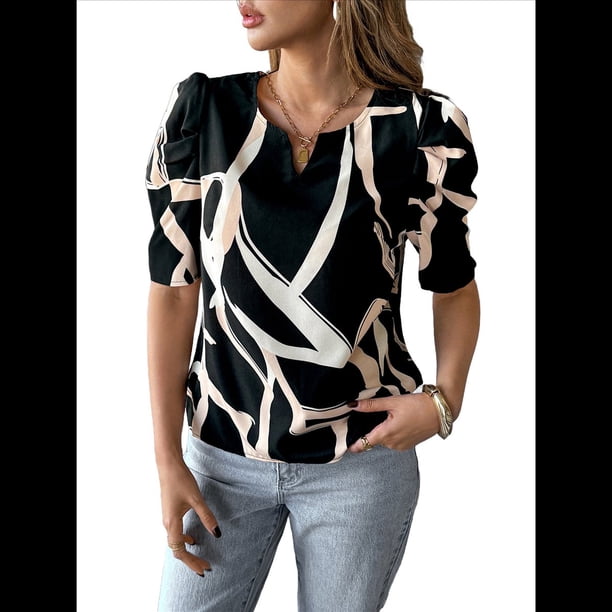 Blusa Peplum Estampada para Mujer con Mangas Abullonadas y Cuello en V Elástico. Color Albaricoque Negro M