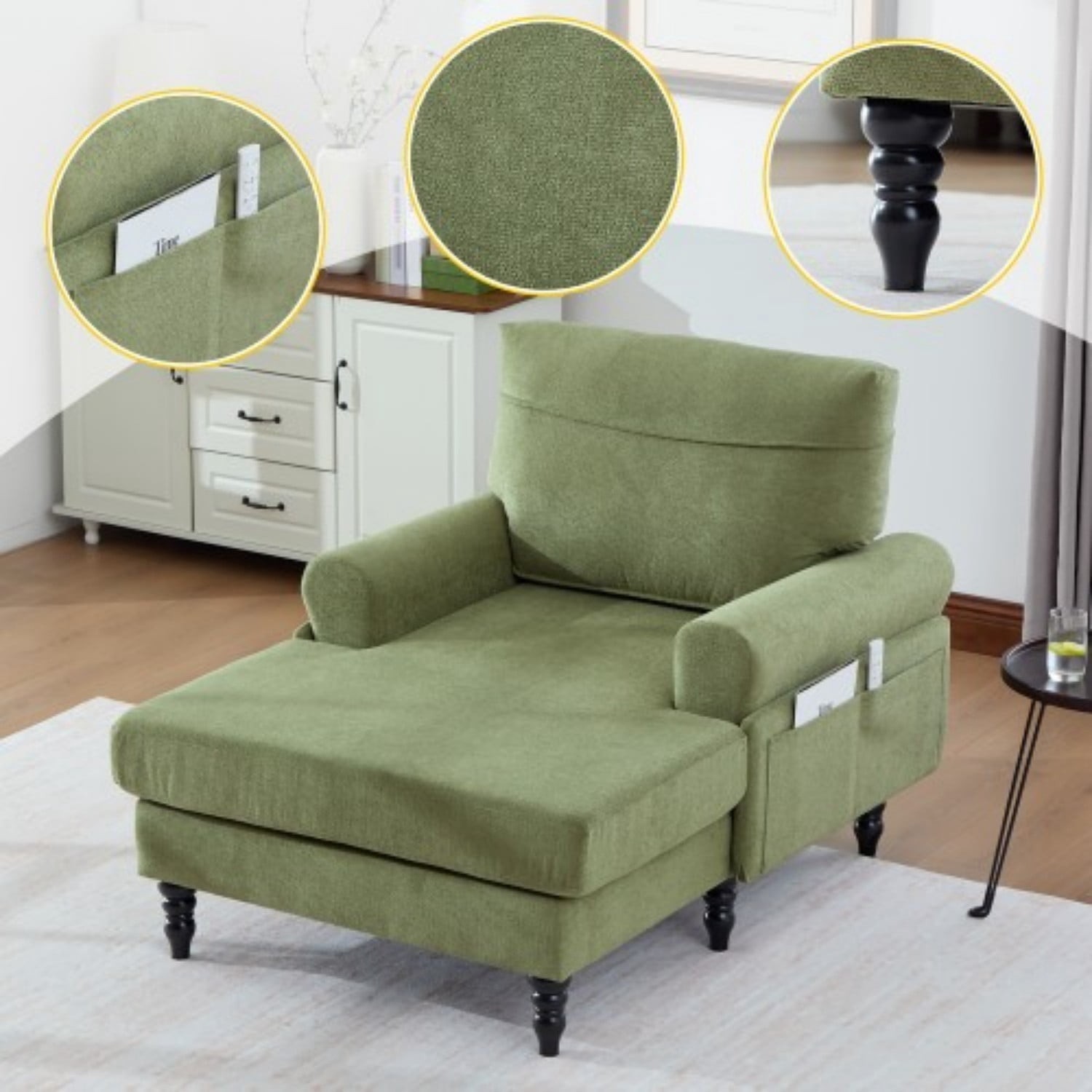 Chenille Chaise Lounge Chair, Oversized Upholstered Recliner Sofa with Wide Seat, High Density Foam Backrest, Solid Wood Legs & Side Pockets for Living Room, Bedroom, Office, Olive Green