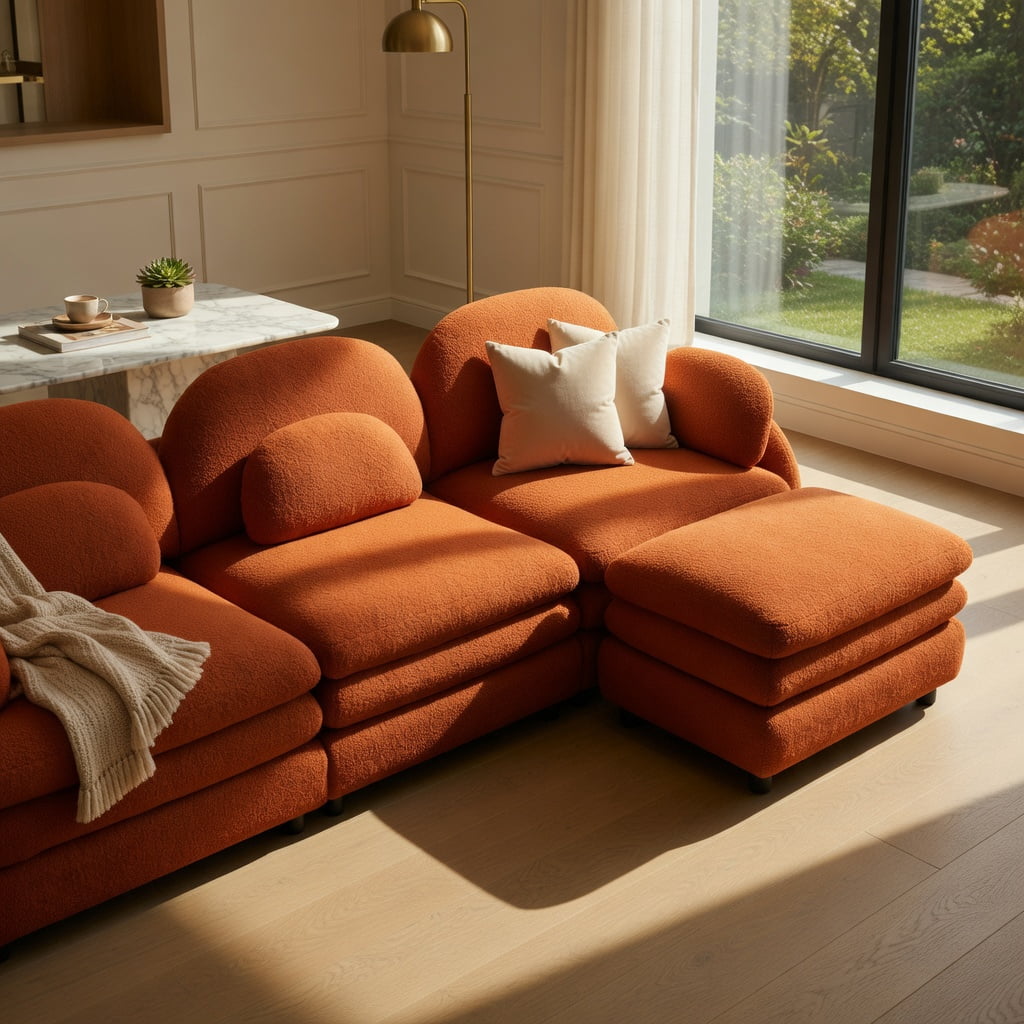 Hommoo Teddy Fleece Modular 4-Seat Sofa, Cloud-Like Softness, Curved Backrest & Armrest, Double-Layer Cushioning with Lumbar Support, Orange