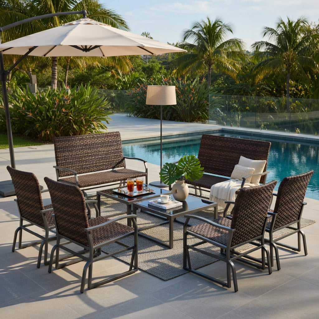 Hommoo 4-Piece All-Weather Wicker Patio Glider Set with Tempered Glass Coffee Table, PE Rattan Loveseat & Single Glider, Outdoor Swing Furniture for Backyard, Poolside & Porch, Brown