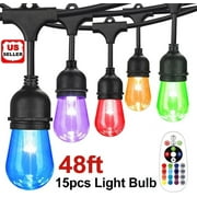 LINKPAL 48FT Color Changing Outdoor String Lights, RGB Cafe LED String Light with 15 Bulbs S14 Shatterproof Edison Bulbs Dimmable, Commercial Light String for Patio Backyard Garden, Remote Control
