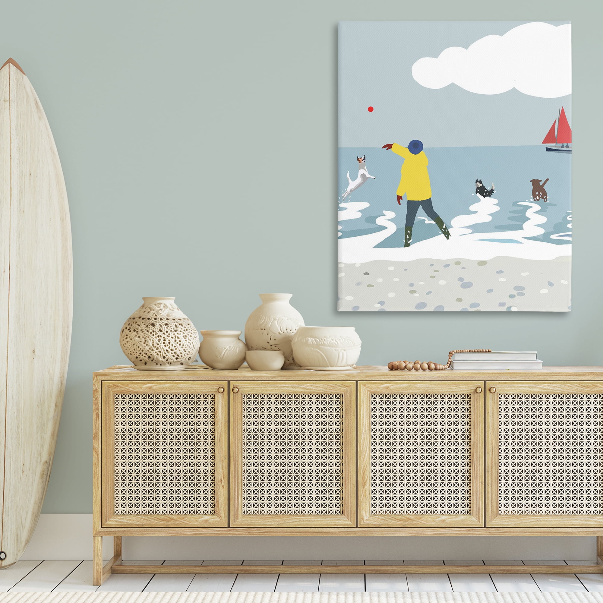 Stupell Industries Catching Ball on Beach Nautical & Beach Painting Wrapped Canvas Art Print Wall Art, 36 x 48