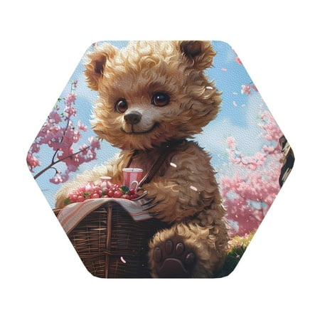 

Salouo Romantic Floral Bear Print Round Coaster Drink Coasters Leather Bar Beer Beverage Coasters for Drinks Set of 4 for Tabletop Protection Coffee Table Decor