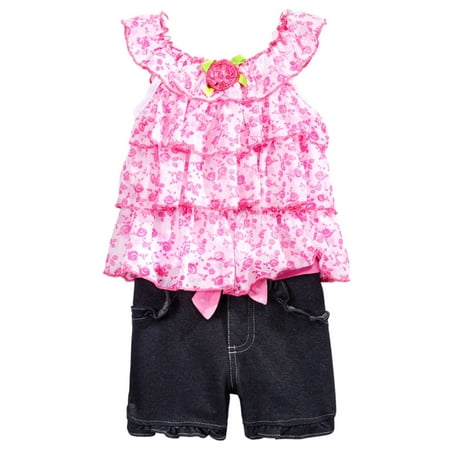

Infant Girls Pink Floral Baby Outfit Ruffled Chiffon Shirt & Denim Shorts Set
