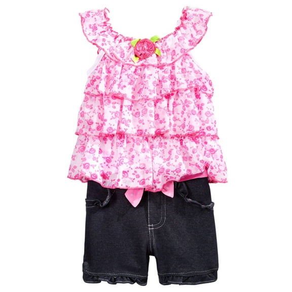 Infant Girls Pink Floral Baby Outfit Ruffled Chiffon Shirt & Denim Shorts Set