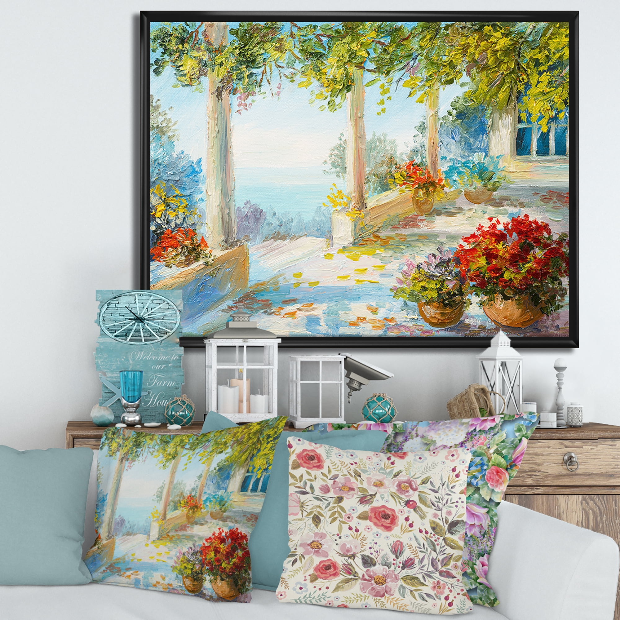 Designart 'Terrace With Red Flowers Near The Sea' Nautical & Coastal Framed Canvas Wall Art Print