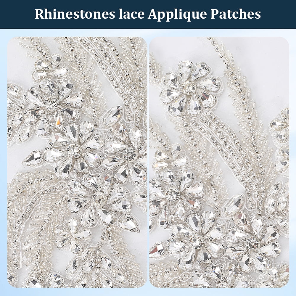 2Pcs Rhinestone Beaded Floral Embroidered Appliques Handmade 3D Shiny Bling Sequins Stone Embroidery Flower Lace Trim Applique Patches for Sewing Making Dress Gowns Wedding Clothes DIY