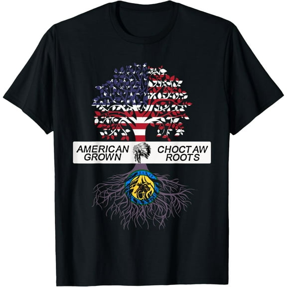 American Grown with Choctaw Roots Native American Pride Tree T-ShirtMen's and women's gift, black and white T-shirt, size: Extra large S-4XL