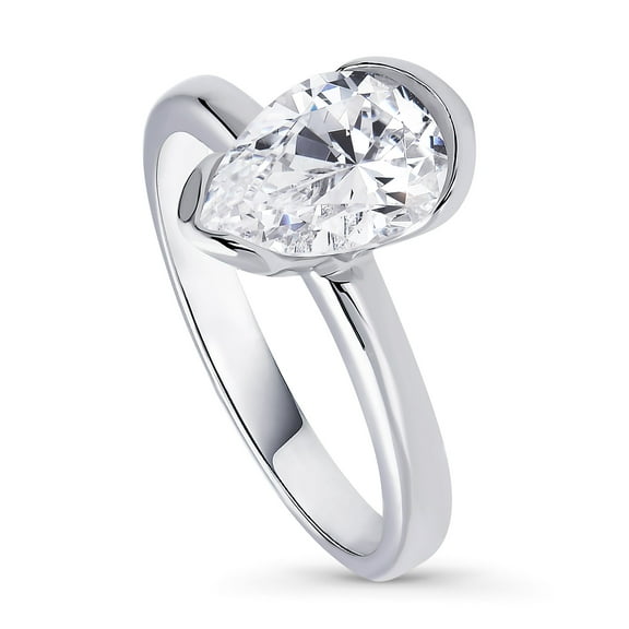 BERRICLE Sterling Silver Solitaire Wedding Engagement Rings 1.8 Carat Half Bezel Set Pear Cut Cubic Zirconia CZ Ring for Women, Rhodium Plated Size 8.5