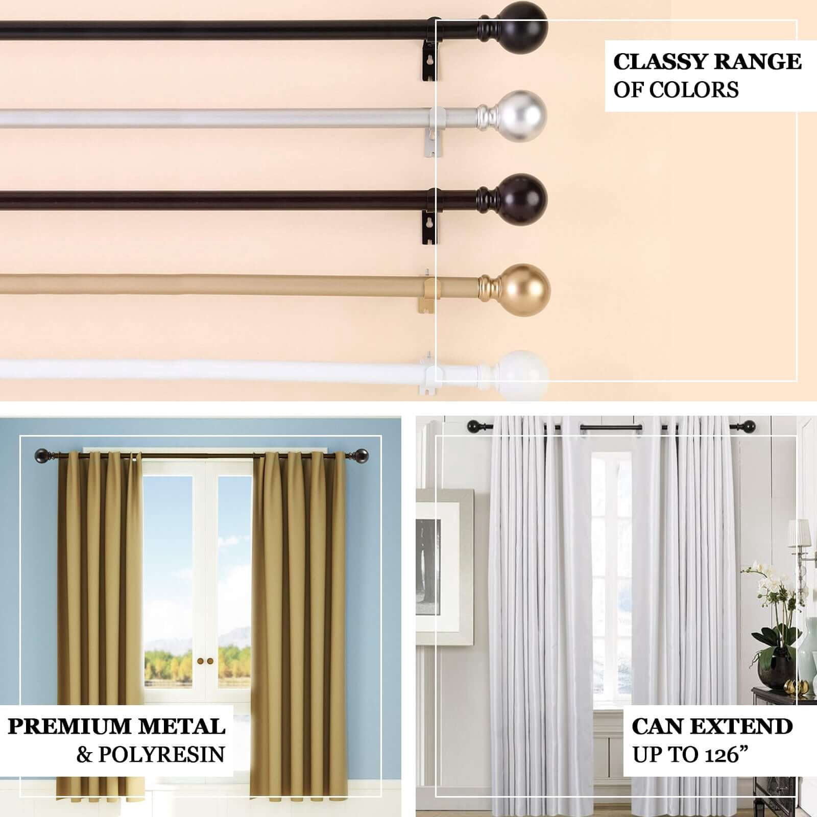 Efavormart 1 Pack of 42"-126" Adjustable Gold Curtain Rod Sets Round Finials Decorative Rod for Window Treatment Looks with Classic Finishing