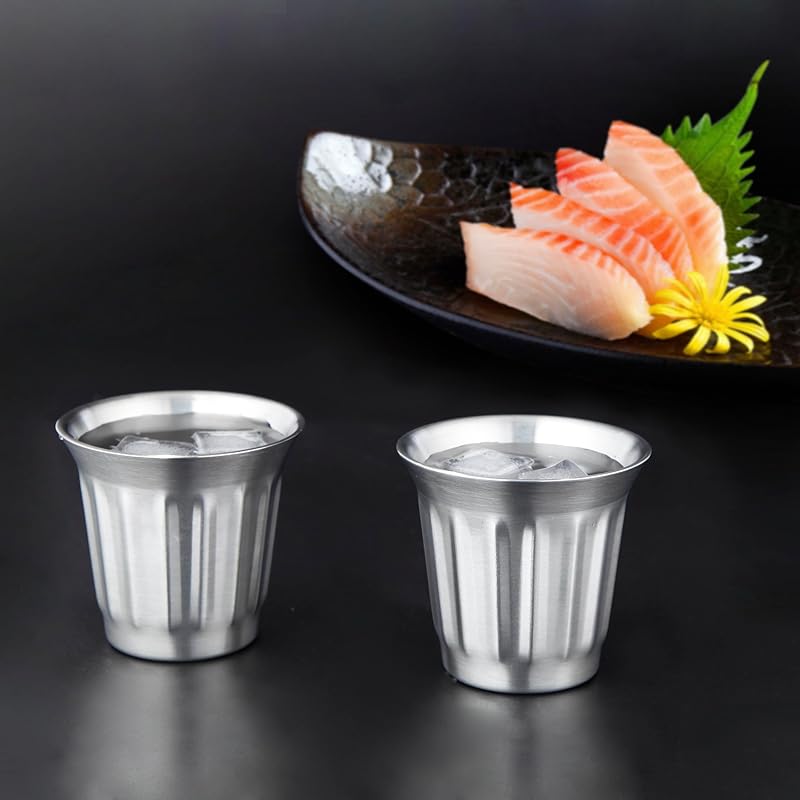 Easyworkz Stainless Steel Double-Wall Espresso Cups 5 oz Set of 2, Vertical Stripe Design, Gunmetal