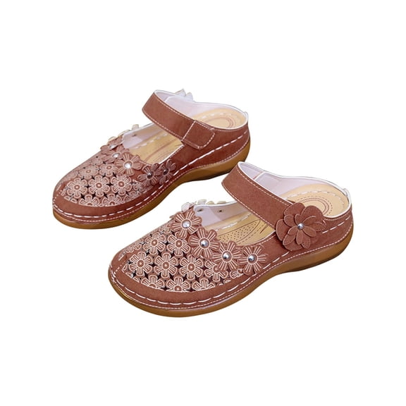 JeashCHAT Mules for Women Wedge Sandals Comfortable Dressy Summer Closed Toe Mules Casual Slip On Slide Sandals with Adjustable Hook Loop (Brown)
