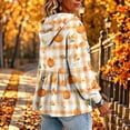 thumbnail image 5 of Xdegoge Womens Fall Pumpkin Print Hooded Sweatshirts Long Sleeve Babydoll Peplum Pullover Ruffle Hem Graphic Tops Casual Thanksgiving Clothes, 5 of 7