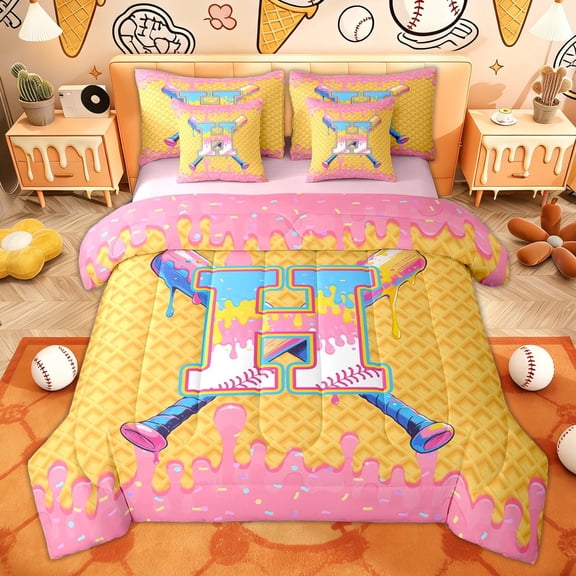 Erosebridal Ice Cream Baseball Kids Twin Bedding Sets, Kawaii X Letter Bedding Comforter Set, Pink, 7 Pieces