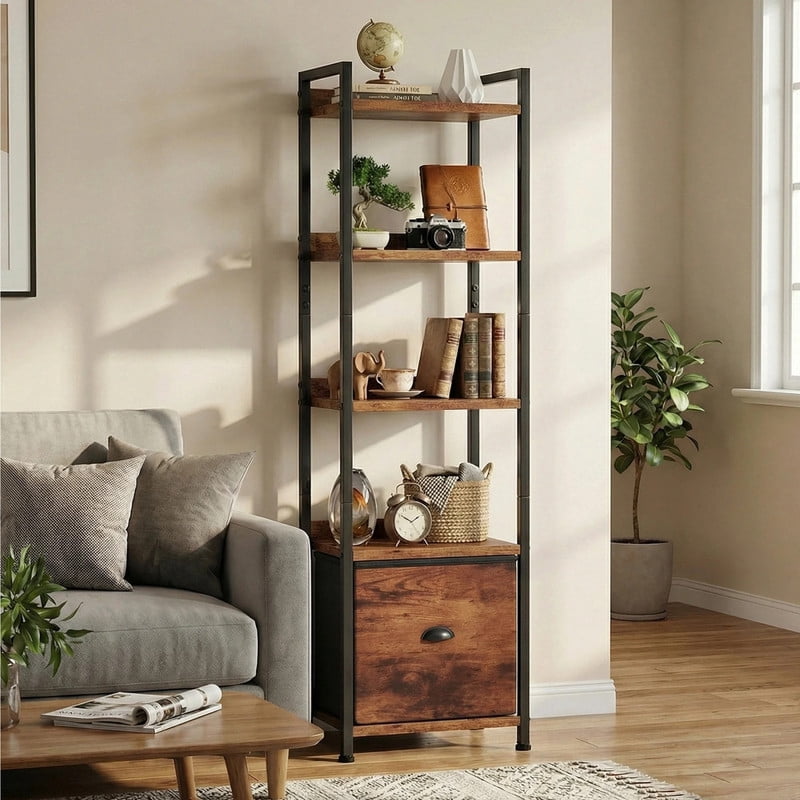 Kelno 5 Tier Bookshelf 55"x15" Bookcase with Fabric Drawer Open Storage Shelves Free Standing Wooden Display Rack,Rustic Brown
