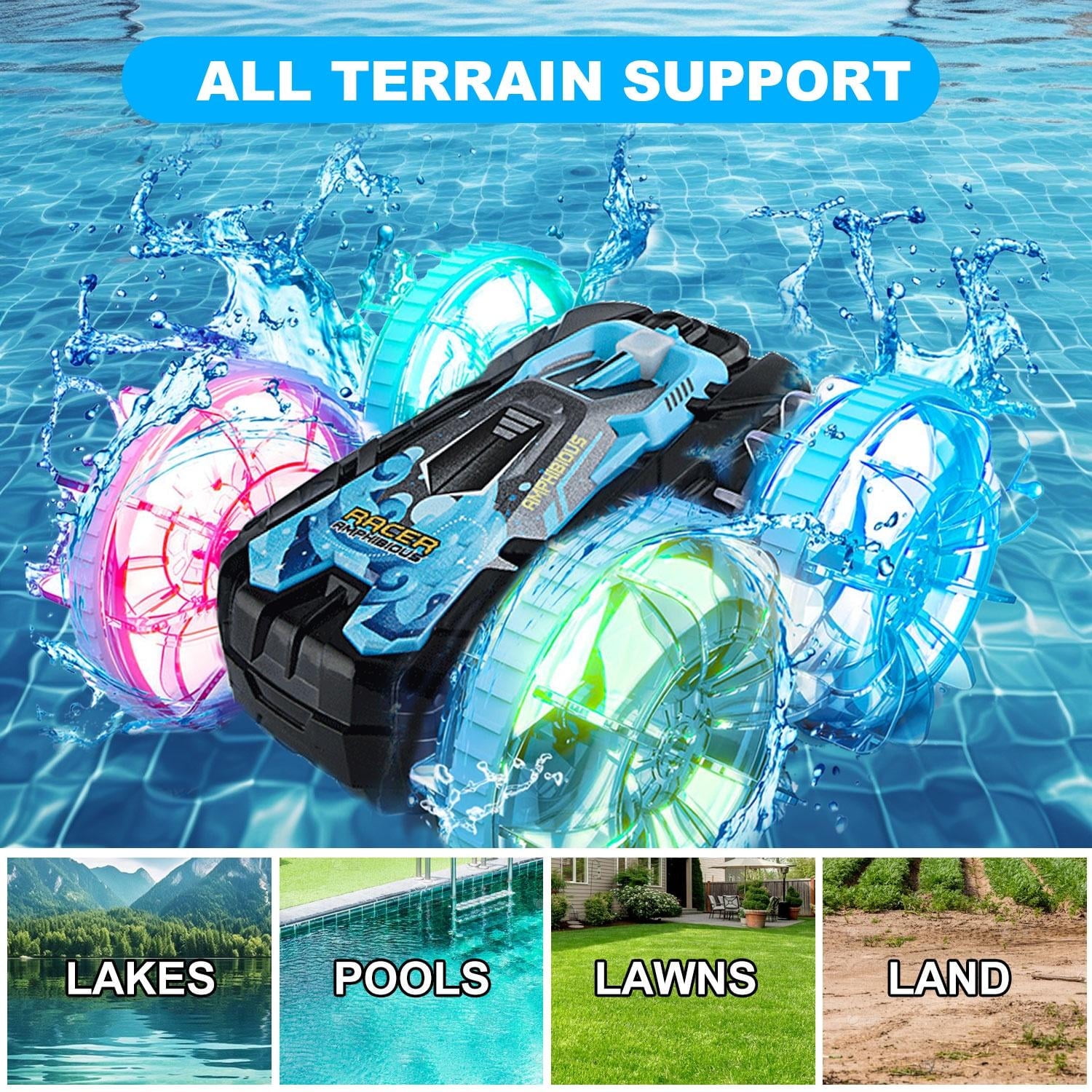 Amphibious Remote Control Cars Toys, Amphibious Waterproof 4WD RC Stunt Car Toys for Kids, 2.4 GHz 360° Rotating RC Drift Cars with LED Light, Toy Cars Gifts for 3-12 Year Old Boys Girls,Blue