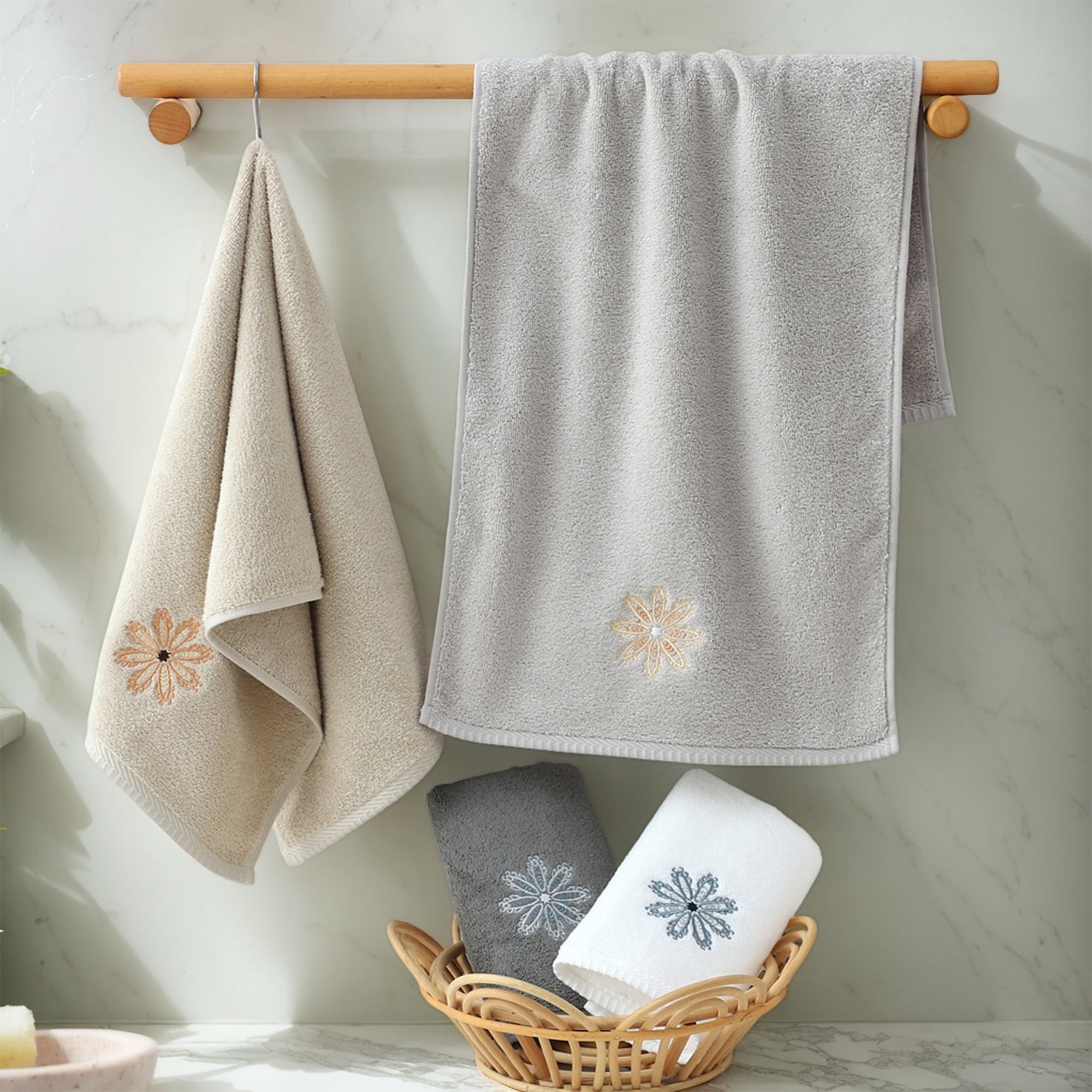 Unique Bargains Embroidered Floral Pattern Hand Towels Set of 2 Light Grey 13" x 30"