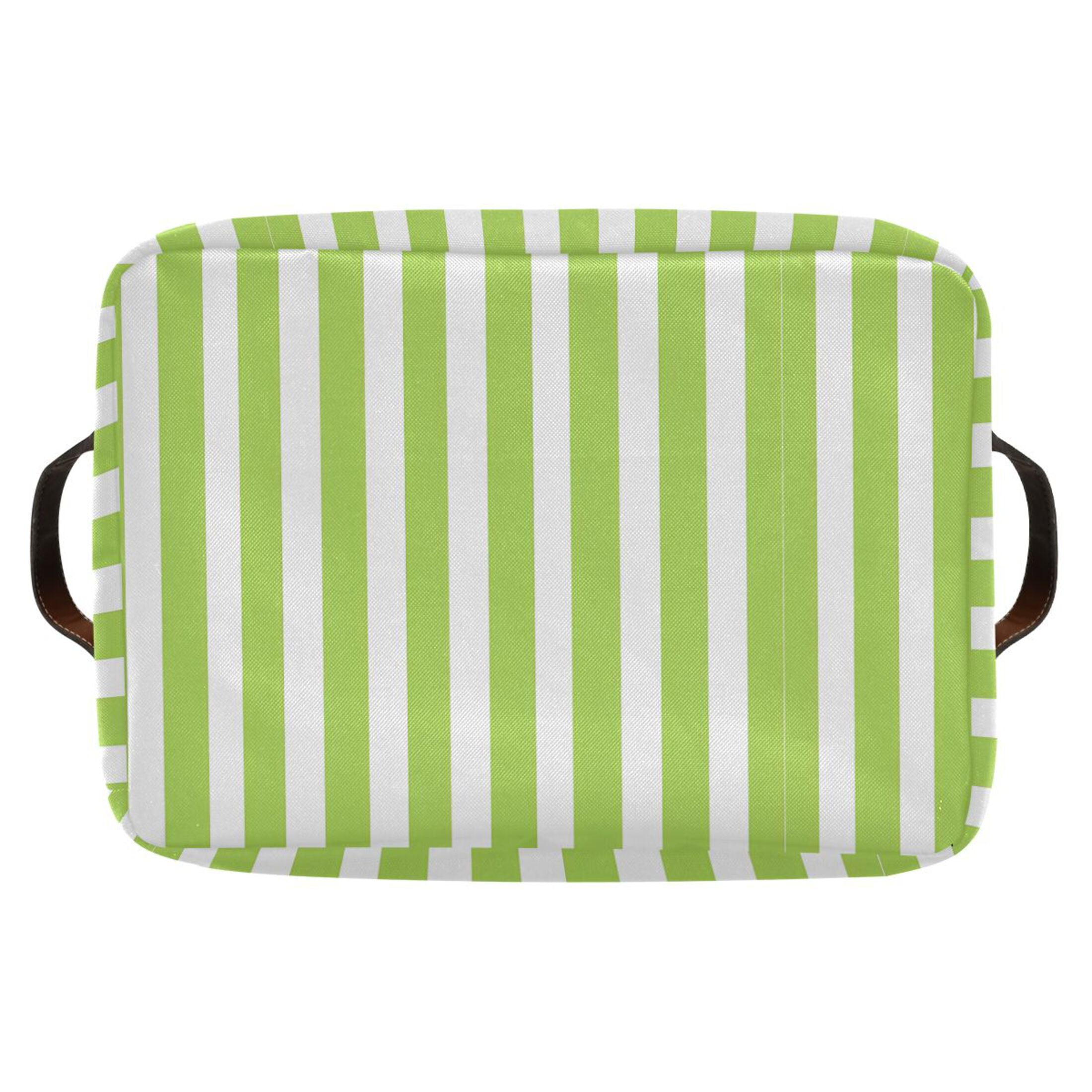 2 Pack Storage Bins with Handle Fabric Organizer Basket Foldable Box Apple Green and White Stripes 14.2x10.2x8.3