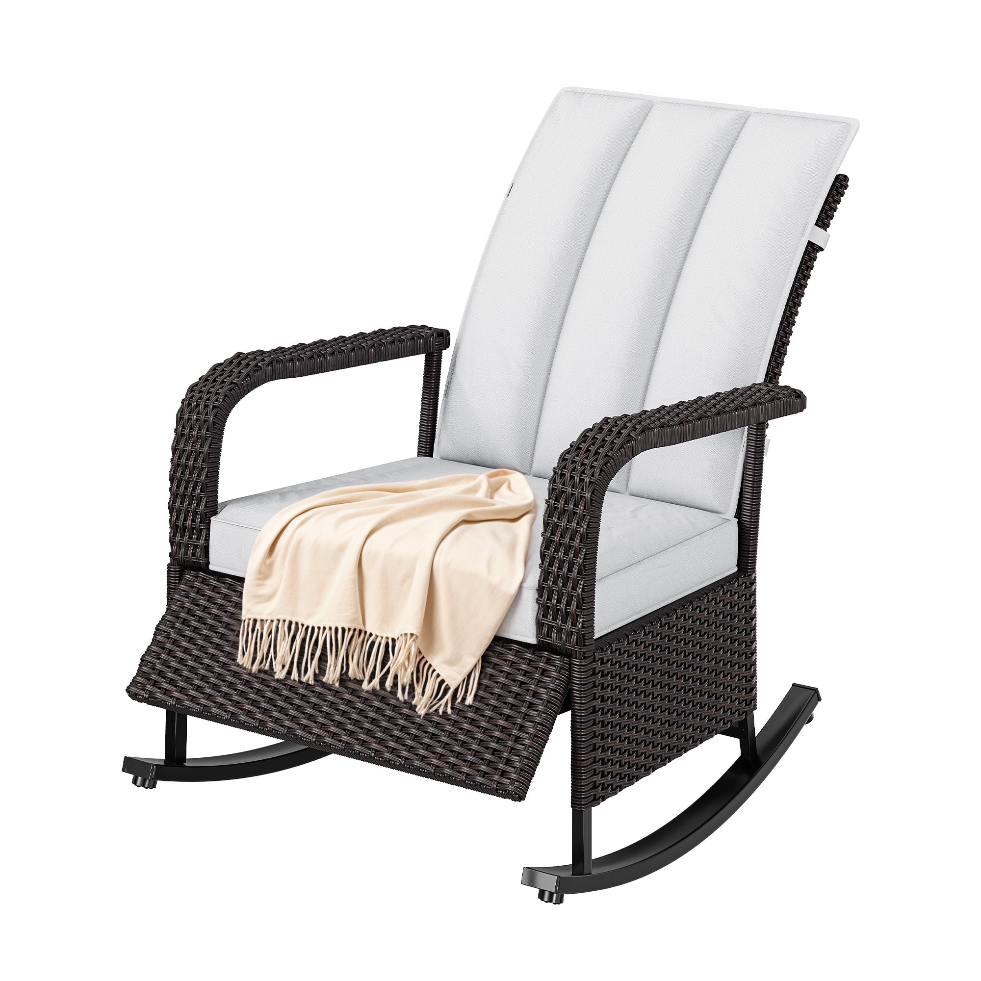 Uforic Outdoor Iron + PE Woven Rattan Rocking Chair with Footrest, Reclining, Brown Gradient Rattan & Beige Cushion, 2 Pcs