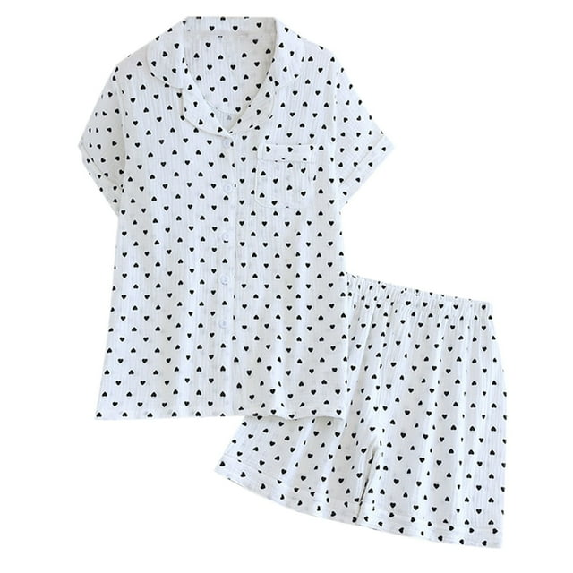 HNMKIU Ensemble de Pyjama pour Femmes Été Imprimé Fin Doux Col à Revers Manches Courtes Shorts Vêtements de Maison