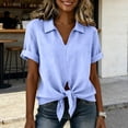 thumbnail image 3 of Tie Front Linen Shirts for Women Lightweight Loose Lapel Collar Blouses Short Sleeve Dressy Casual Summer Tops, M, 3 of 7