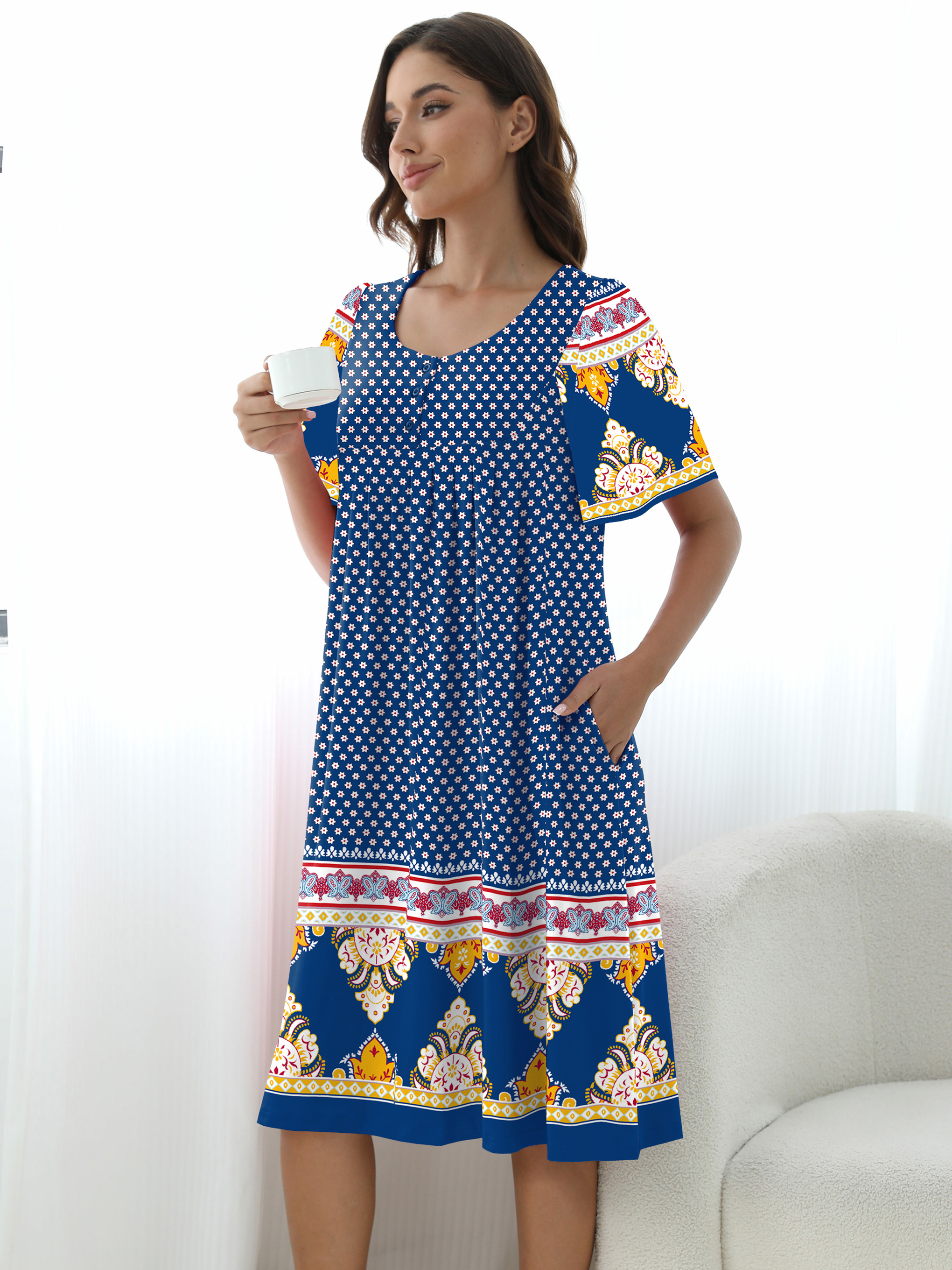 Nightgowns for Women Short Sleeve Nightshirt Comfy Sleepwear MuMu Dress with Pockets
