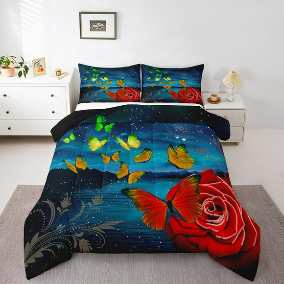 Gradient Yellow Green Butterfly Comforter Set Red Rose Girl Toddler Bedding Set,Romantic Garden Flowers Quilt Rustic Animal Butterflies Duvet Insert,Aesthetic Room Decor