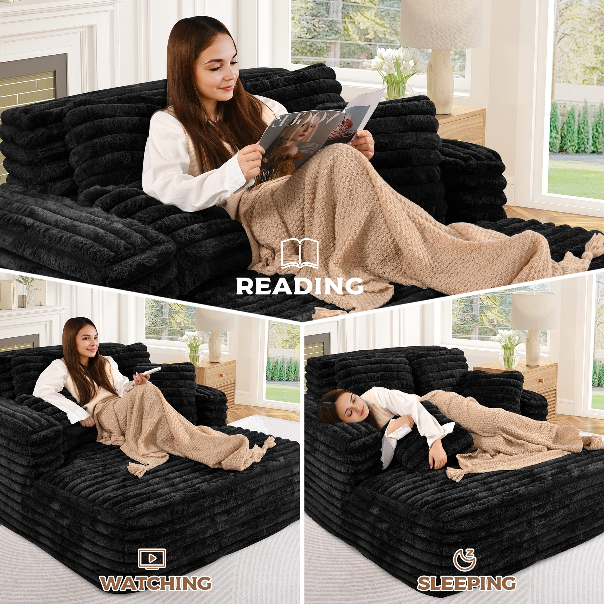 Muumblus Oversized Chaise Lounge Chair Indoor Furniture, No Assembly Required, Plush Corduroy Upholstered Sofa Bed Cozy Sleeper Couch for Living Room, Bedroom, Black