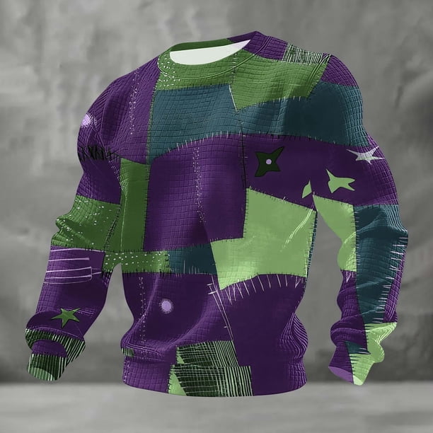 Ceisia Men's All-Season Casual Regular Fit Crew Neck Sweatshirt Halloween Purple Green Patchwork Print Waffle Knit Stretch Fabric Multicolor XXXXL Gifts