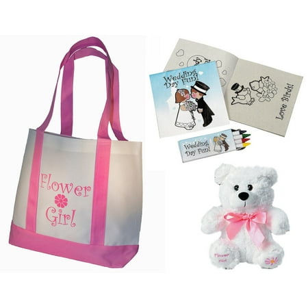 Personalized Flower Girl Tote - Flower Girl Gifts Set: Tote Bag, Teddy Bear, Wedding Day Activity kits