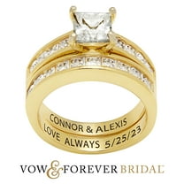Vow & Forever Personalized Planet Bridal 14K Gold over Sterling Silver Square White Topaz 2 Piece Engraved Wedding Set ,Women's