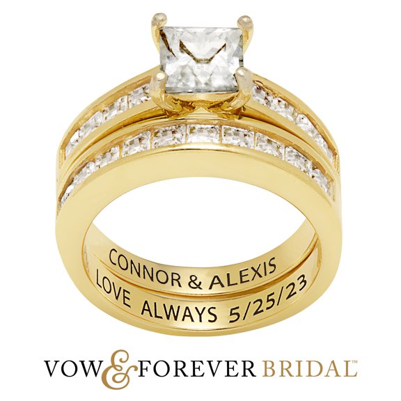 Vow & Forever Personalized Planet Bridal 14K Gold over Sterling Silver Square White Topaz 2 Piece Engraved Wedding Set ,Women's