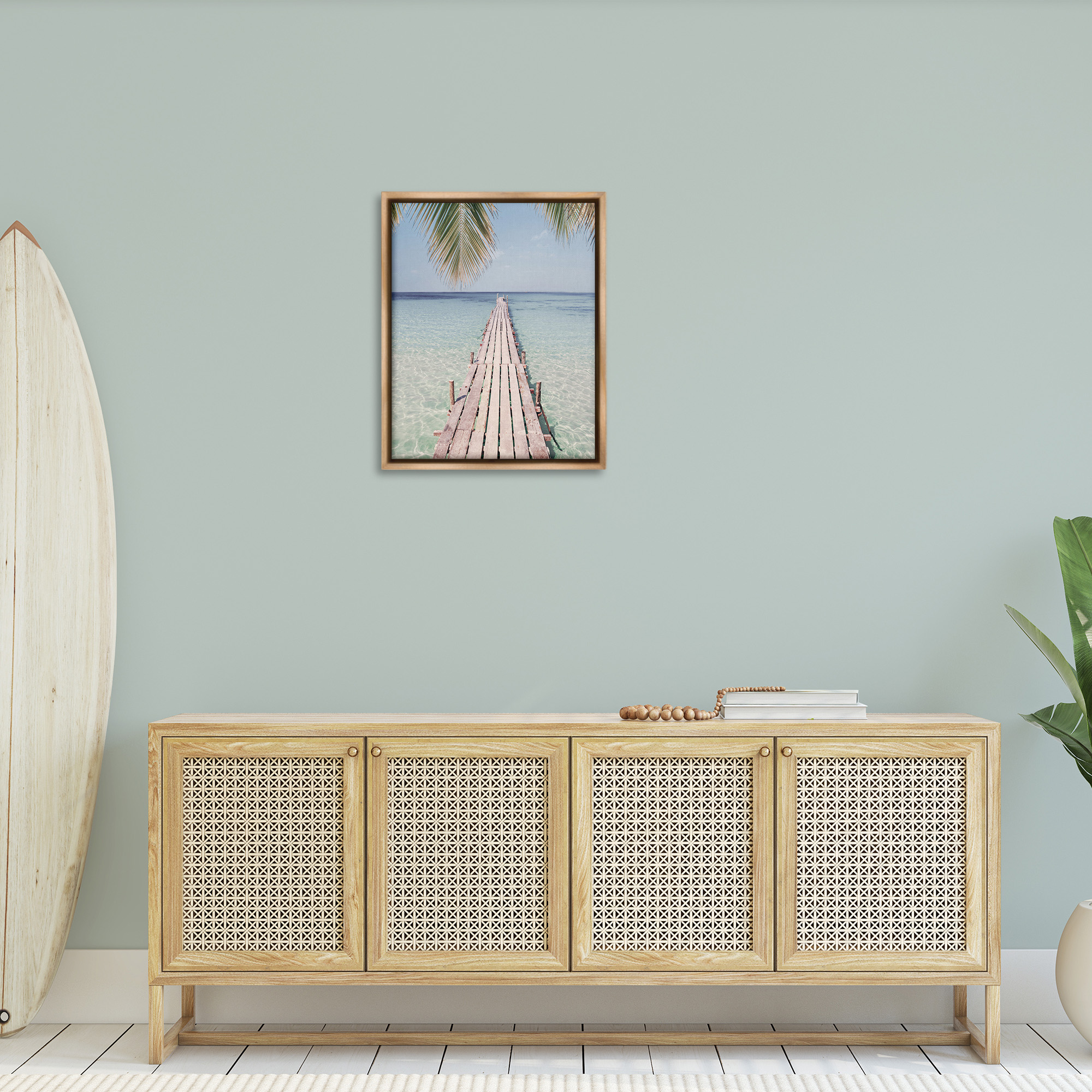 Stupell Industries Tropical Dock on Beach Landscape Photography Brown Floater Framed Canvas Art Print Wall Art, 25 x 31