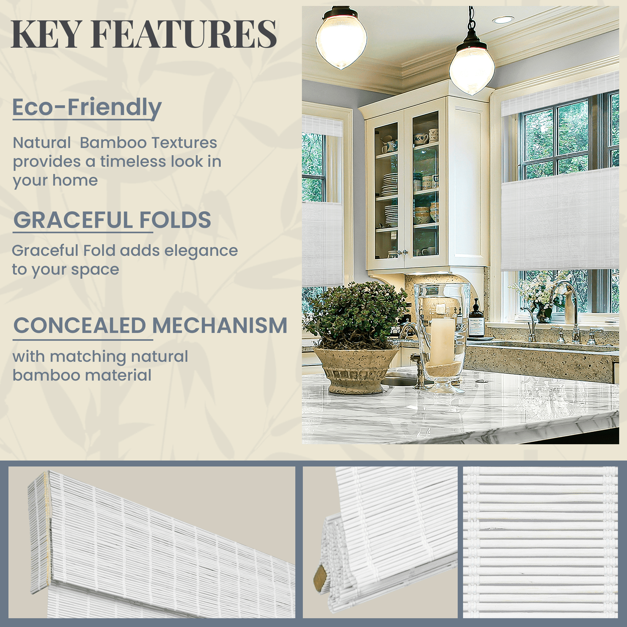 Natural Woven Top Down Bottom Up Cordless Bamboo Roman Shades for Windows, 29 in. W x 36 in. L, Snow
