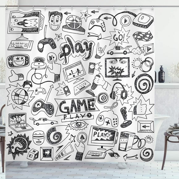 Retro Gamer Shower Curtain - Monochrome Racing Design, 90's Gaming Decor, 69x70, Black & White