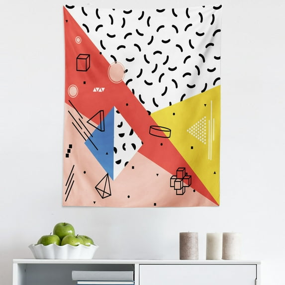 Abstract Tapestry, Modern Geometric Trippy Triangles Cubes Circles Rollers Dots Print, Fabric Wall Hanging Decor for Bedroom Living Room Dorm, 5 Sizes, Multicolor, by Ambesonne