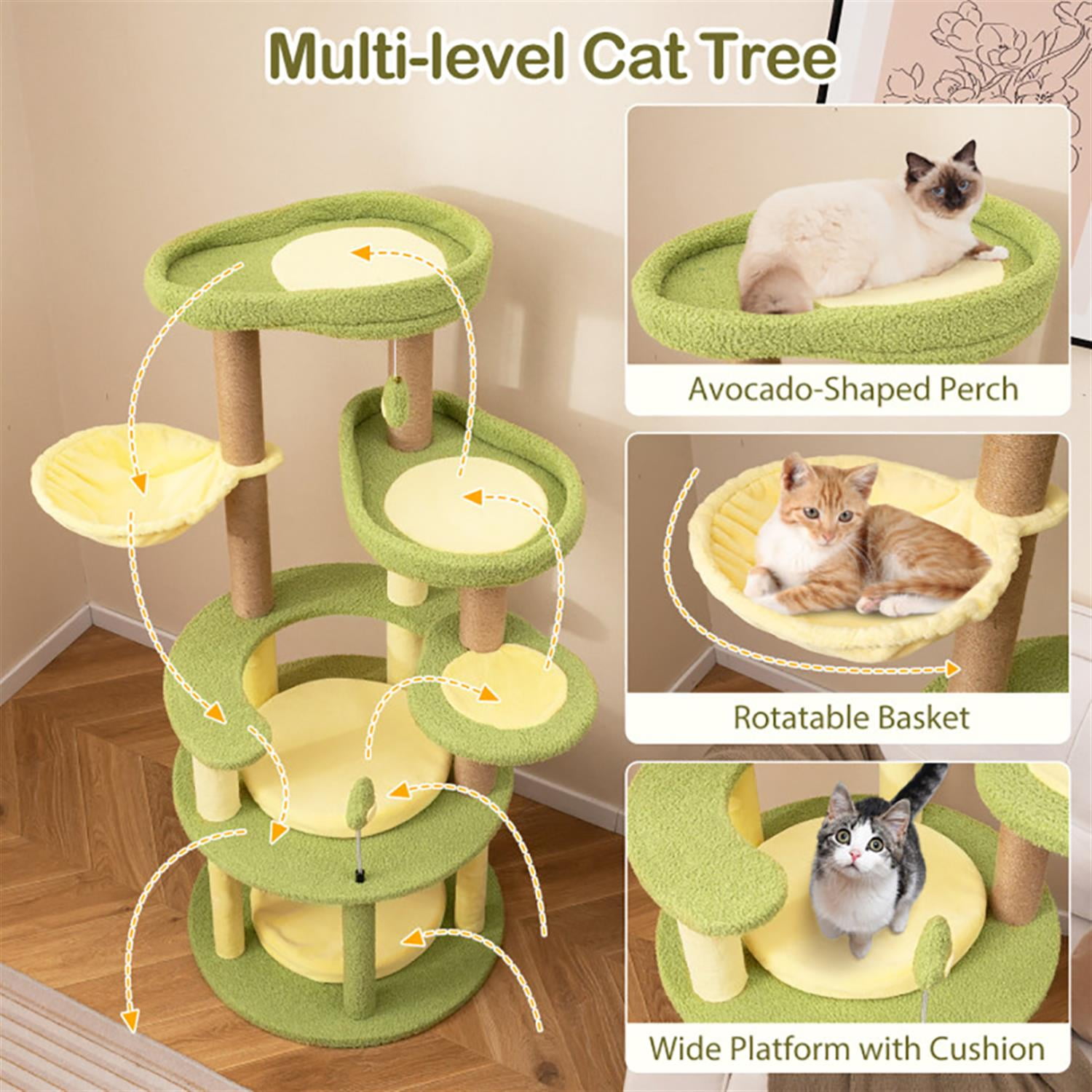 resenkos 51" Cat Tree with Toy, Cat Tower Condo for Indoor Cats with Rotatable Basket, Cozy Hammock and Sisal Scratching Posts, Green