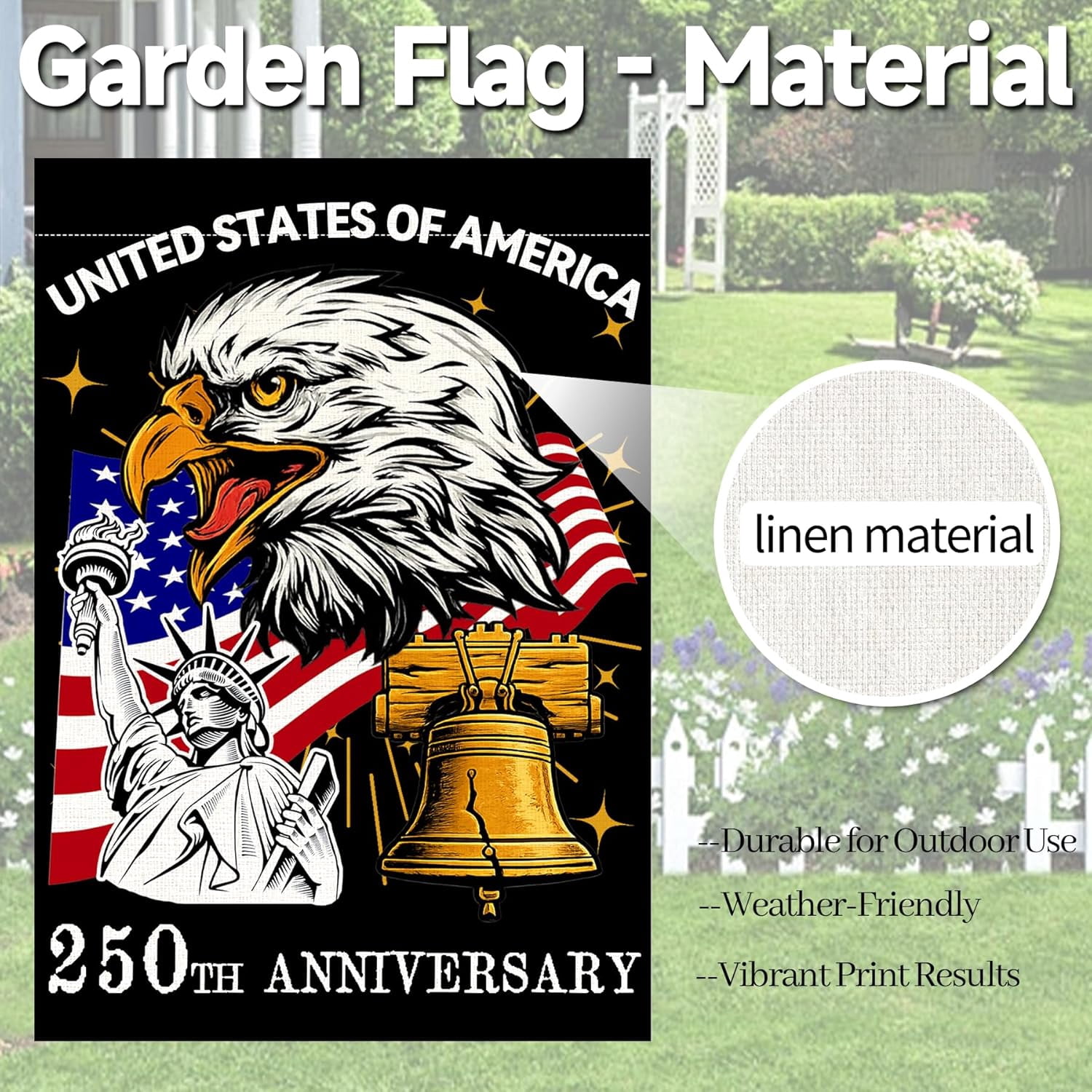 America 250 Years Garden Flag, 250th Anniversary USA Patriotic Double-Sided Banner, Double-Sided Burlap, 1776-2026 Semiquincentennial Commemorative, Suitable for Outdoor Lawn Decor