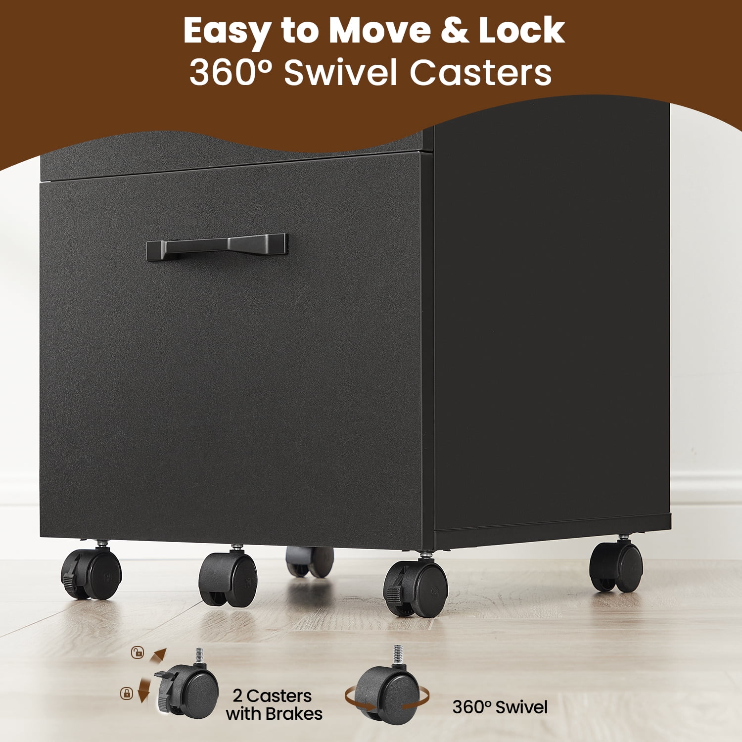 LEDREM 2-Drawer Rolling Storage Unit – Wood File Cabinet with Steel & Particleboard Construction, for Office, Holds A4/Letter Folders, 5 Swivel Casters with Brakes, Supports 77 lbs, Matte Black
