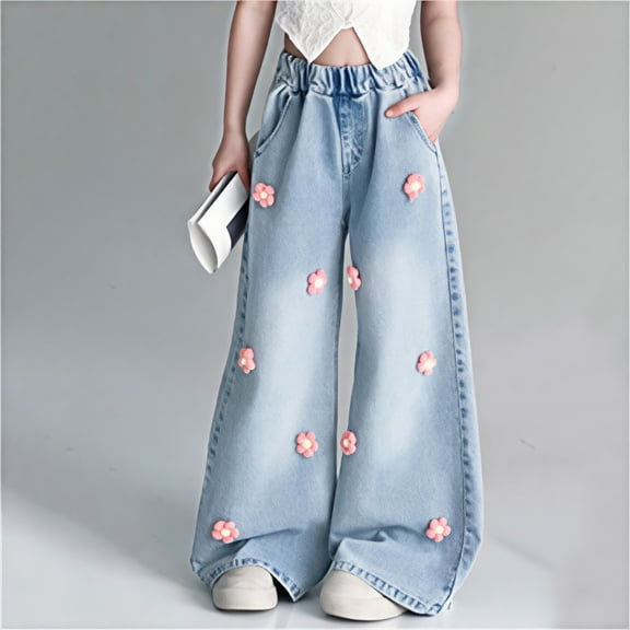 Eltusu Girls Jeans, Wide Leg Stretch Elastic Waist Loose Fit Denim Panrts Pink Size 5-15 T
