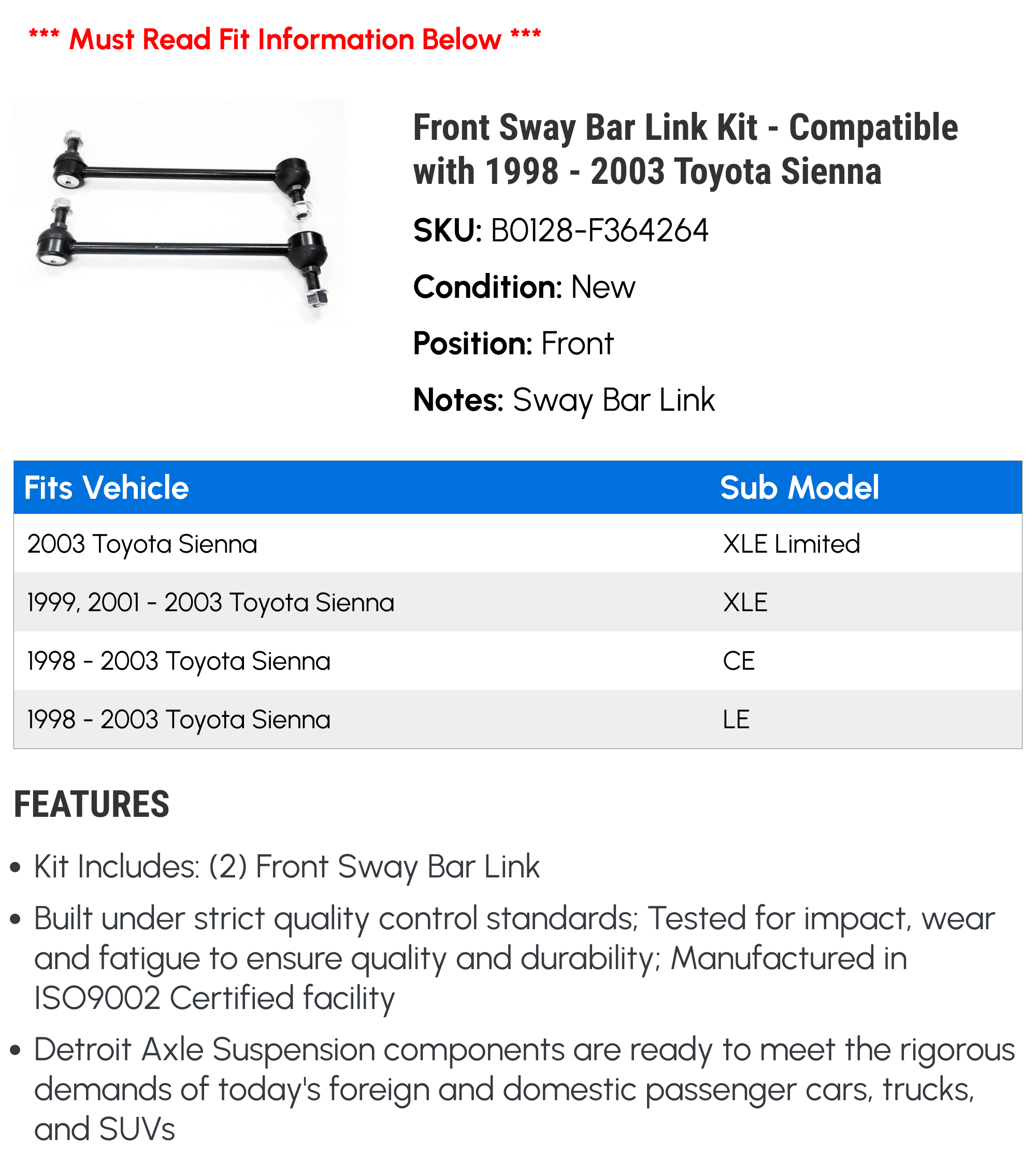 Front Sway Bar Link Kit - Compatible with 1998 - 2003 Toyota Sienna 1999 2000 2001 2002
