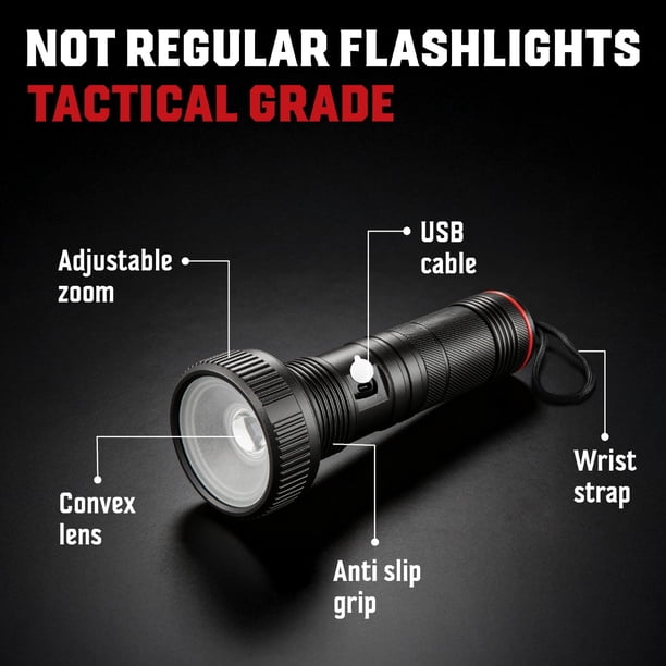 cable rechargeable tactical flashlights Kodiak 5K Flashlight DAYBETTER flashlight has a brightness of 300 lumens INNOKA IPX7 Waterproof Zoomable Tactical