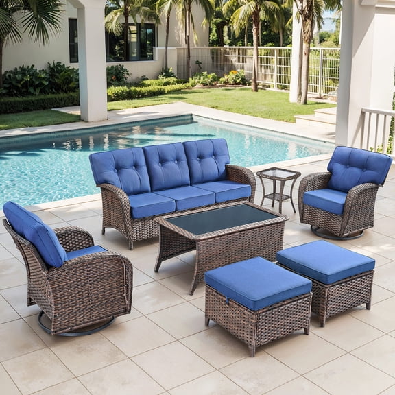 Bellefurn Luxury 7 Piece Outdoor Patio Wicker Furniture Sets with Swivel Rocker Patio Chairs,Sofa,Coffee Table and Ottomans,High Back Outdoor Conversation Set for Porch Balcony Deck