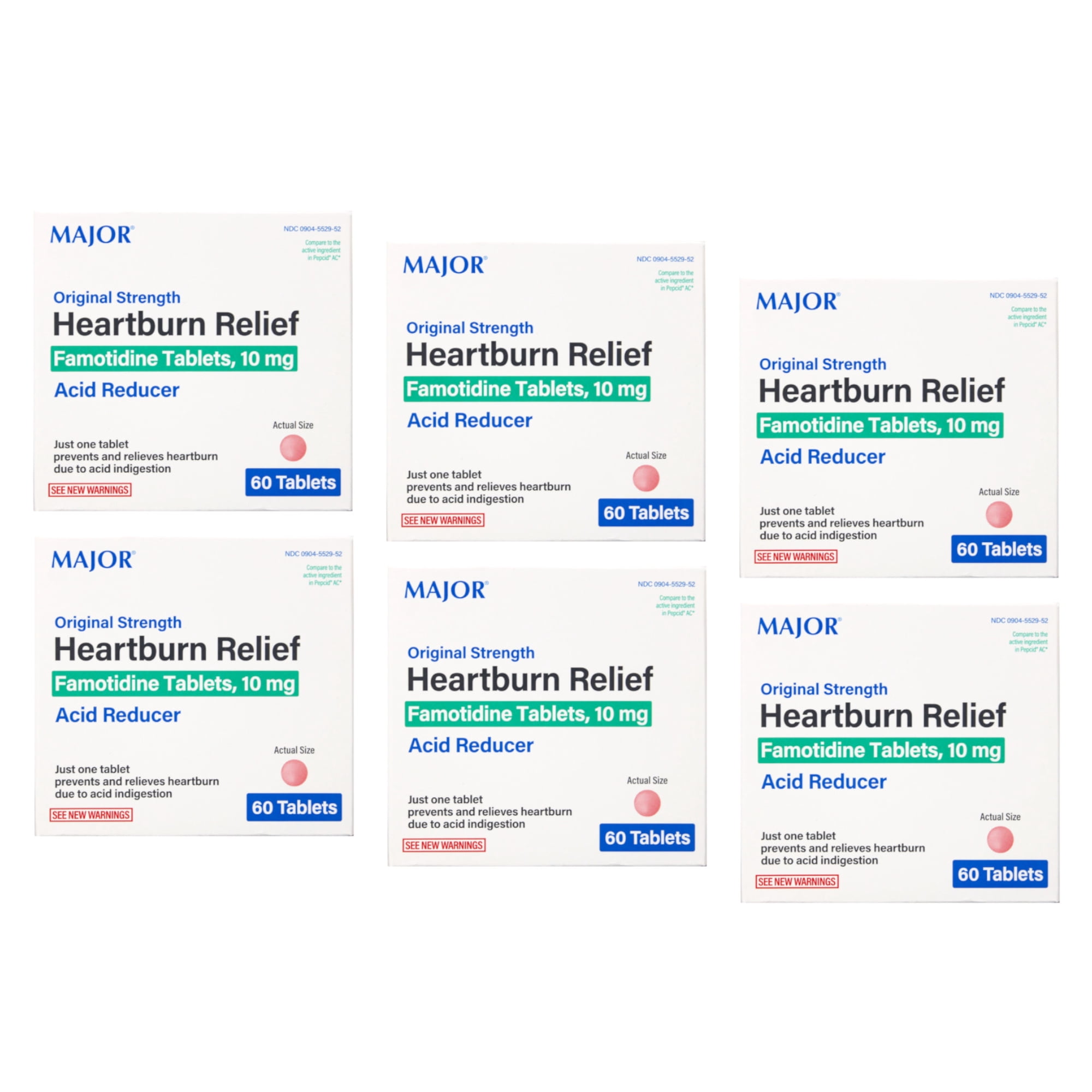 Major Original Strength Heartburn Relief Famotidine Tablets, 10 mg - Pack of 6