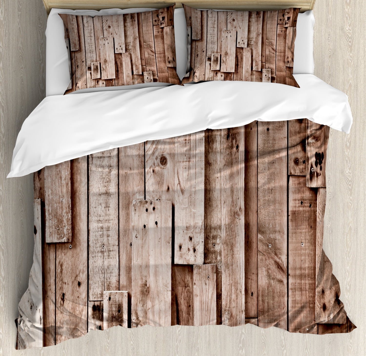 Wooden Queen Size Duvet Cover Set, Vintage Barn Shed Floor Wall Planks