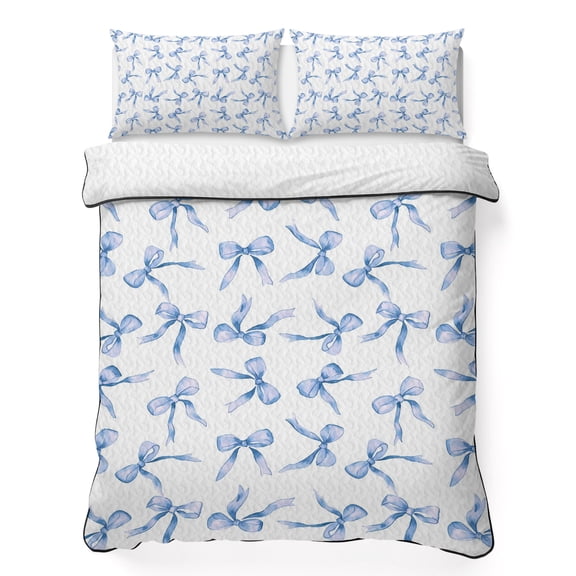 King Quilt Bedding Set Watercolor Blue Bow Summer Quilt Lightweight Quilted Coverlet with 2 Pillow Shams, Romantic Style 3-Piece Bedspread Quilt Set for All Season